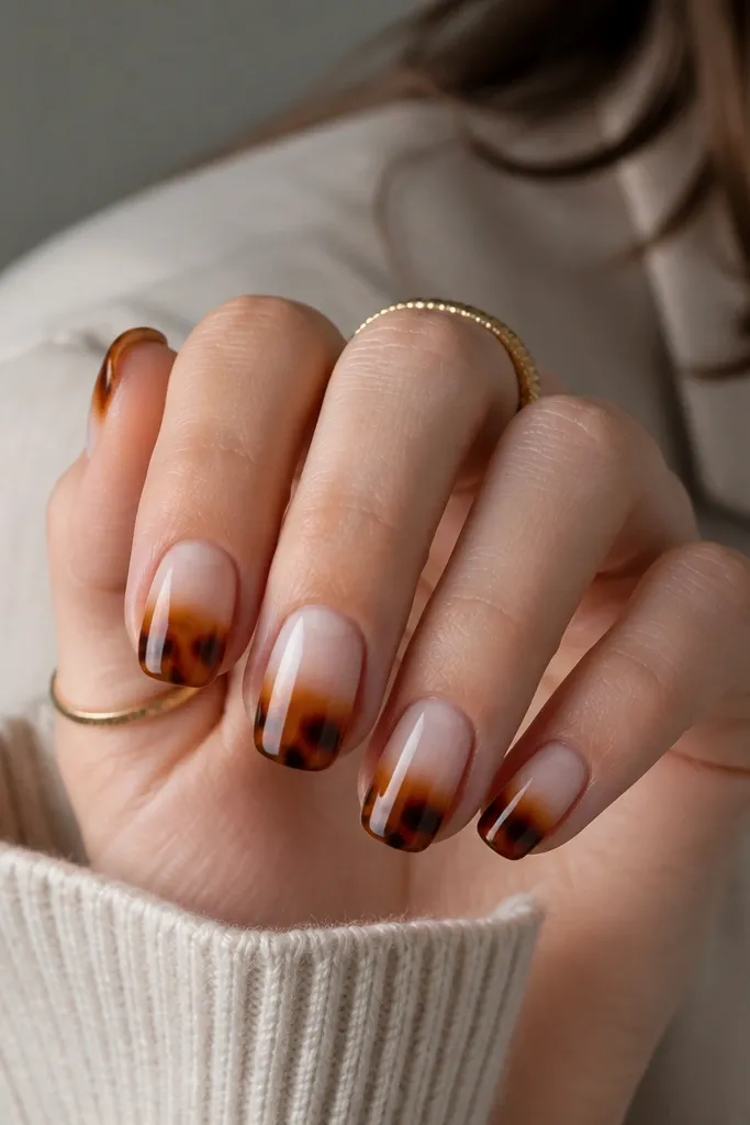 Medium-length squoval nails. The top third fades from milky white into warm tortoise near the tips. There's no hard smile line; it's a smooth gradient with glossy finish.