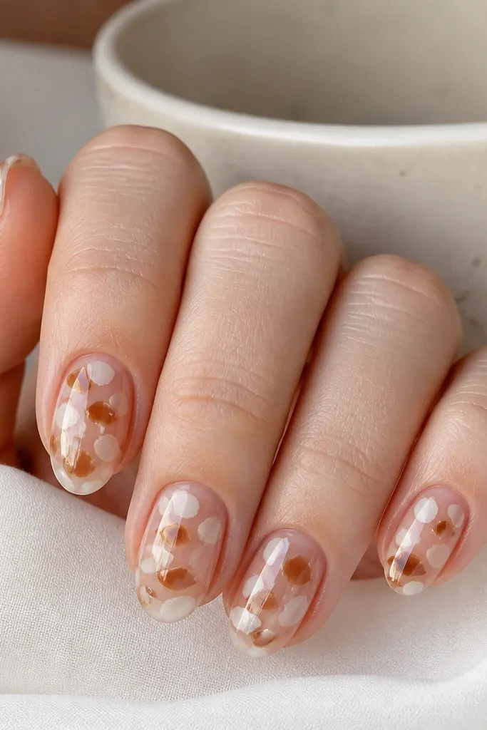 Short almond nails with a clear jelly nude base. White tortoise fragments float over the nude like stained glass, with small brown islands and glossy shine.