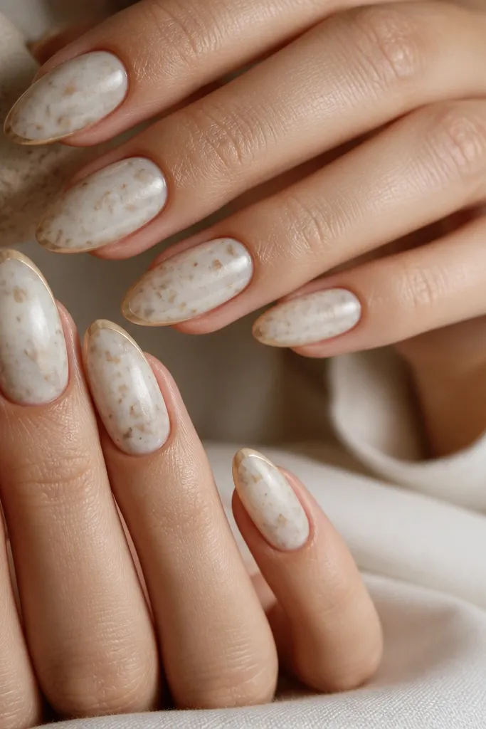 Almond nails. Most of the nail is matte milky white with shell-like brown fragments. The tips and side edges have a thin glossy outline, and the rest is soft matte.