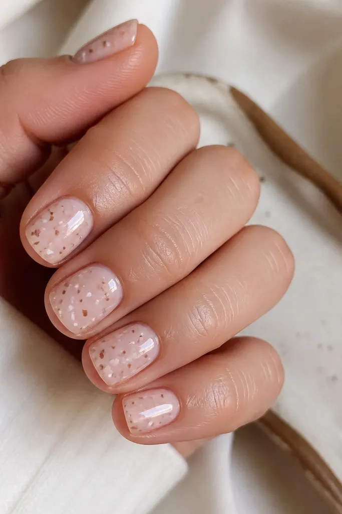 Nails are short squoval on a sheer nude base. Tiny white tortoise specks and small brown flecks are scattered like confetti, with glossy topcoat.