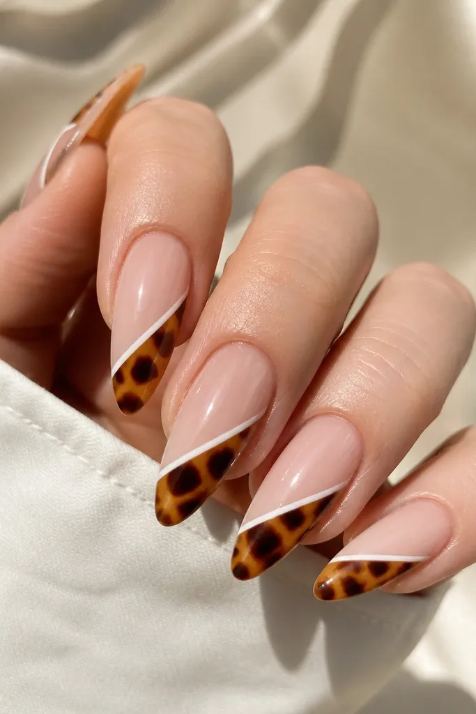 Long almond nails featuring one diagonal panel per nail. The diagonal stripe is white with tortoise filling inside, while the rest is a nude base. Glossy finish and crisp diagonal line.