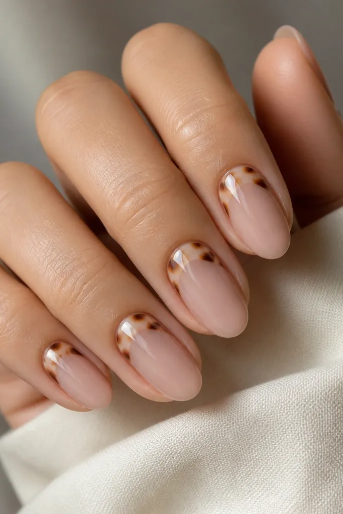 Short almond nails with a sheer pink center. A halo ring sits around the cuticle using white and brown tortoise pieces, then fades out before reaching the middle. Glossy finish.