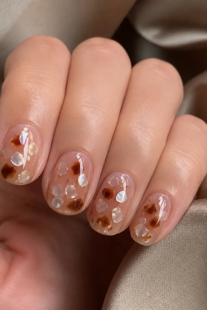 Medium squoval nails. The design has milky white shell fragments with warm brown tortoise pieces on a sheer nude base. Over everything is a thick, glossy jelly-like top layer that looks domed.
