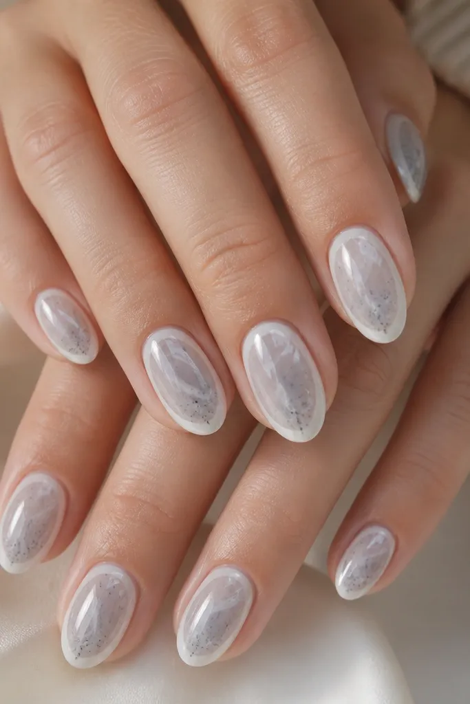 Short almond nails with a milky white outer edge. The center has a soft gray-to-white tortoise swirl that looks like thin smoke curls under a glossy top coat, with tiny darker specks concentrated near the free edge. Each nail has a slightly different swirl direction, giving a clean, matching set.