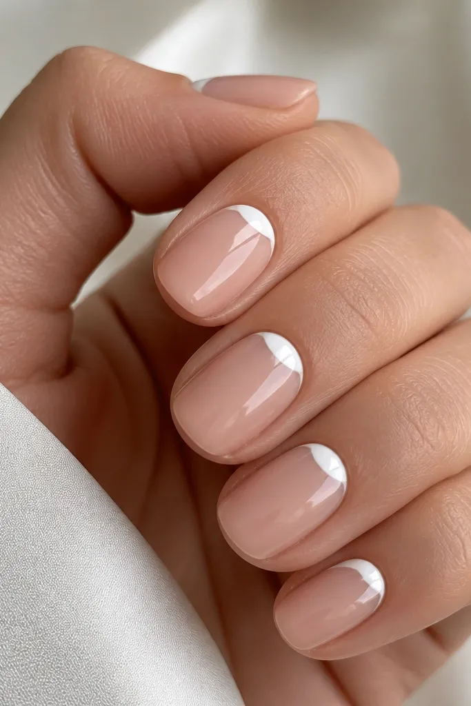 Short oval nails with a nude sheer base and white half-moon arcs right under the cuticle line; nails have a glossy finish.