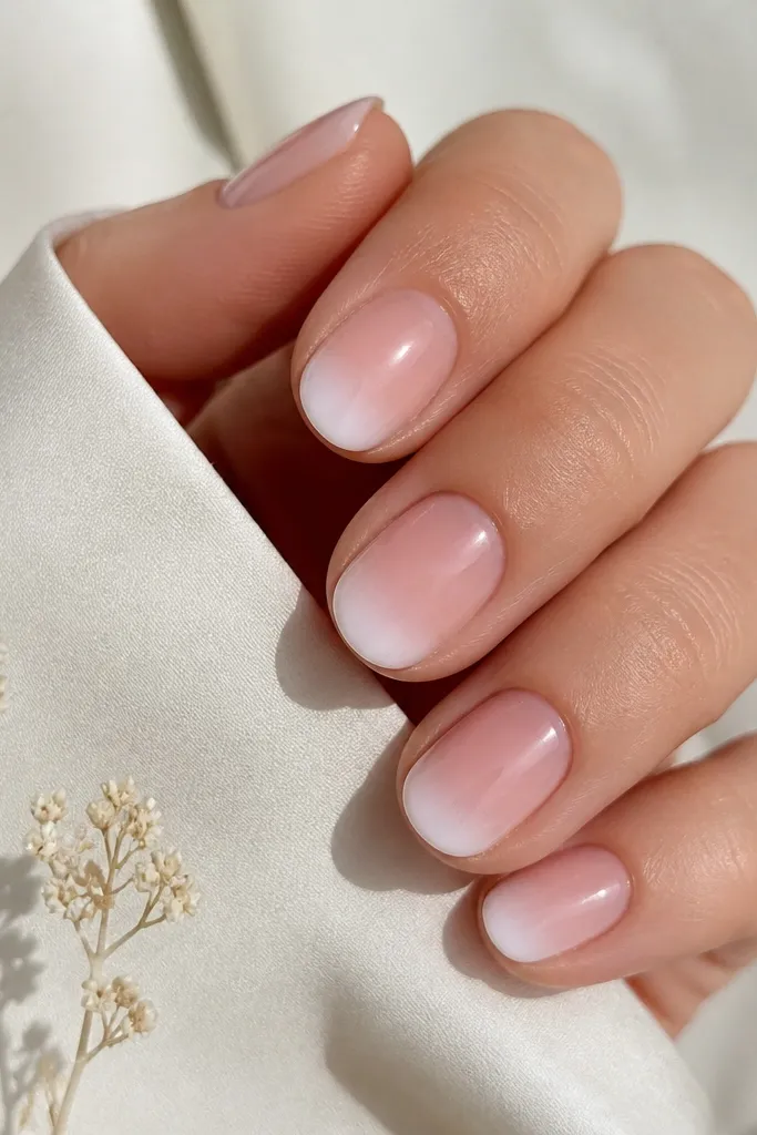 Short oval nails with a sheer pink base that fades into a cloudy white tip; the white is strongest at the very edge and softer toward the center.