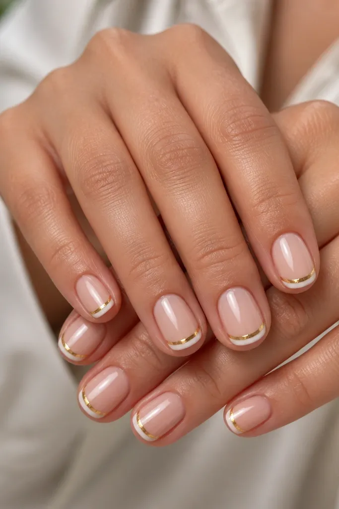 Short oval nails with a nude base, a super-thin white French line at the tip, and a delicate gold foil strip running parallel to the white line; glossy finish.