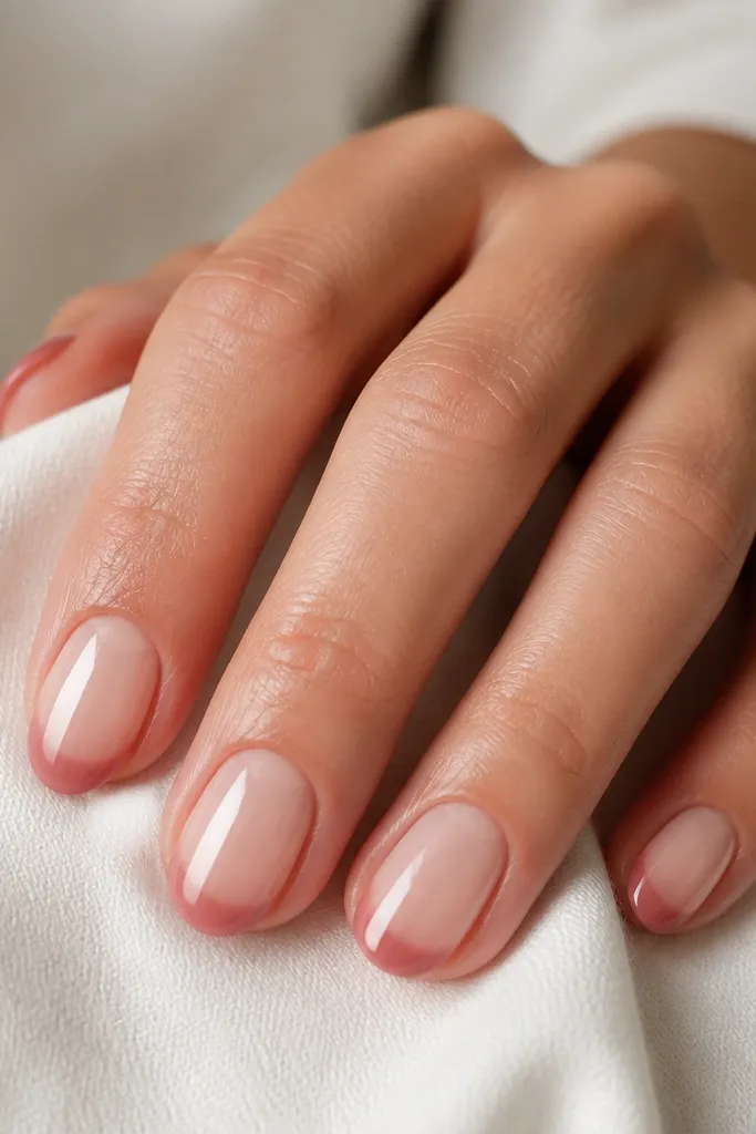 Short oval nails with a sheer nude base and a rose-blush French tip that blends softly at the edges; glossy finish.
