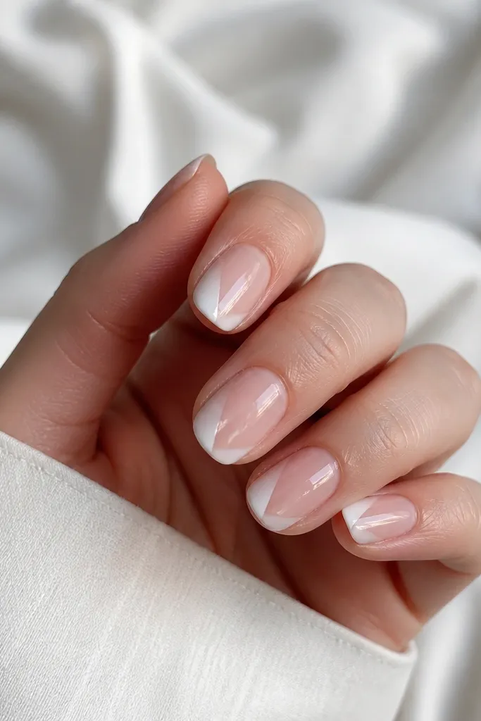 Short oval nails with a milky nude base; the tip is split so one side is bright white and the other side is a sheer clear gloss, creating a diagonal-ish separation across the tip.