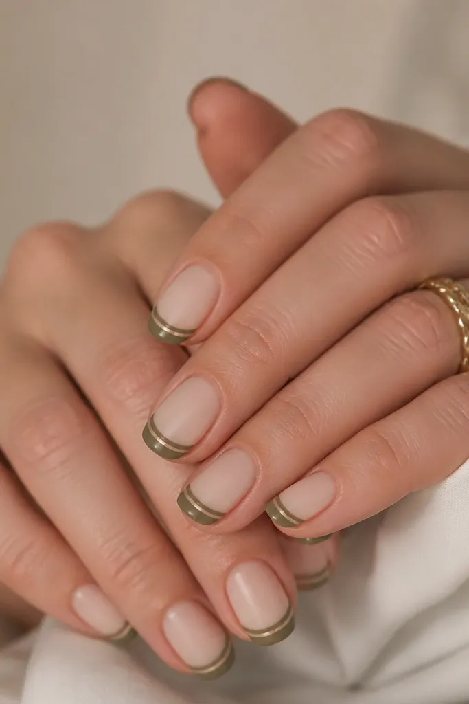 Short oval nails with a nude base and matte-finished matte French tips; one thin glossy stripe runs through the matte tip line; muted satin look.