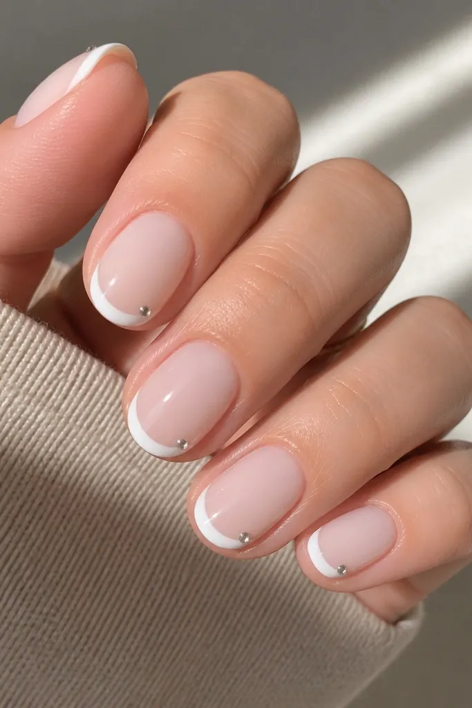 Short oval nails with a milky nude base and white French tips; a single tiny clear rhinestone sits near the outer corner of each tip; glossy top coat.