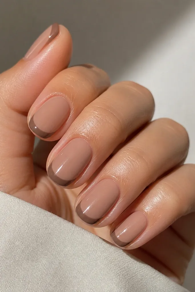 Short oval nails with a toasted nude base and brown-taupe French tips; glossy finish with a warm, coffee-like tone.
