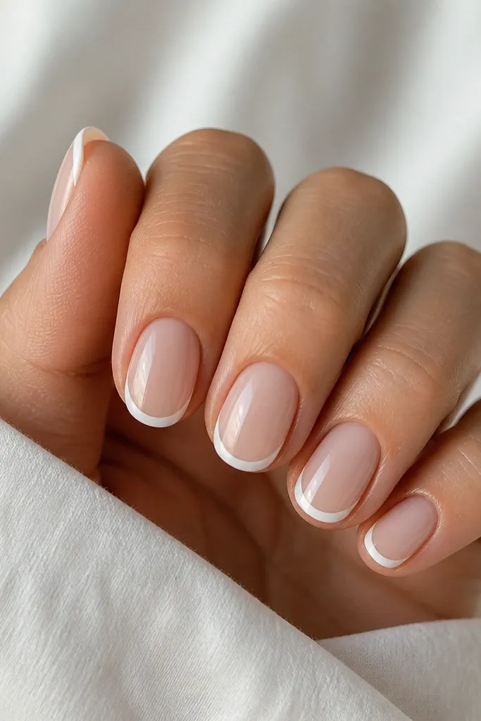 Five short oval nails in a milky nude base, each with a single thin French curve just at the tip. The curve is drawn in glossy sheer white, leaving a small gap between base and tip so the line looks crisp.