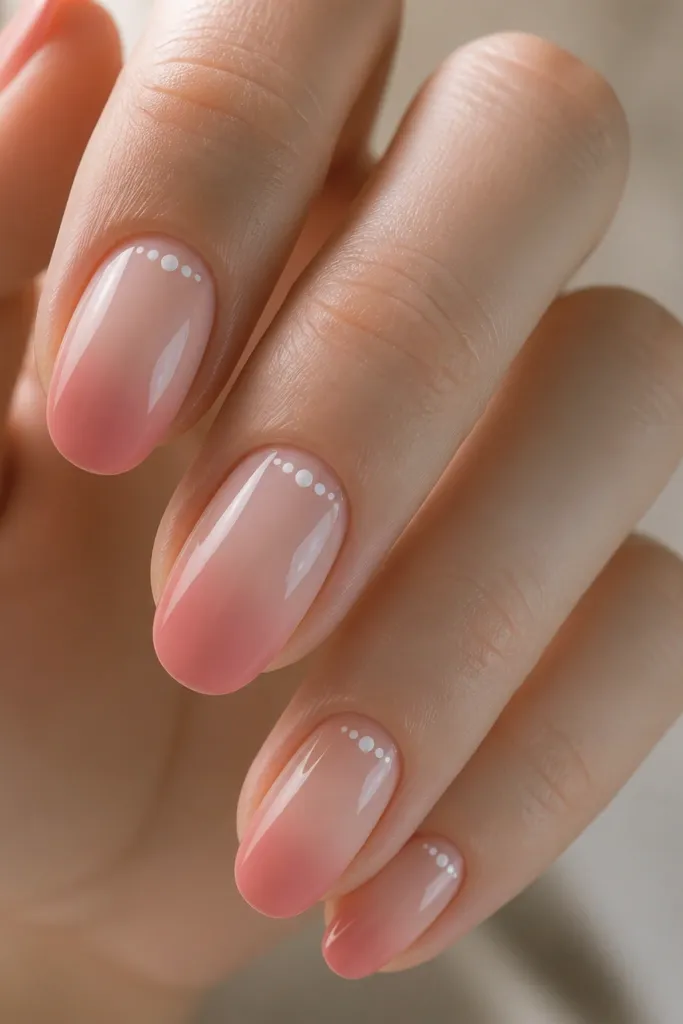 Short oval nails with a sheer pink base that fades lighter near the center, then darker toward the tip. Around the cuticle is a tiny ring of five to seven micro dots in soft white, like a halo, all in a glossy finish.