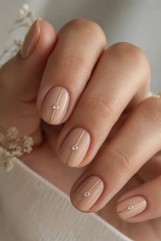 Short oval nails in a warm nude. A single vertical line runs from just above the cuticle to near the tip, drawn in glossy gold foil. At the center sits a tiny clear crystal gem, aligned perfectly down the middle.