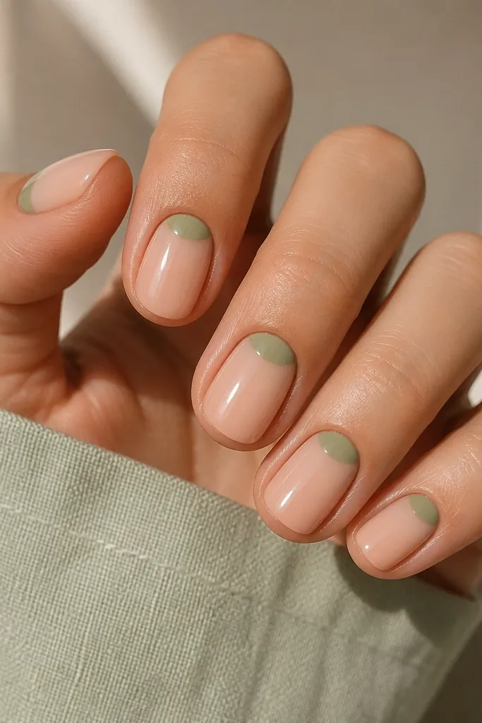 Short oval nails with nude bases. The cuticle area has a neat half-moon in soft sage green, shaped like a tiny inverted arc. The rest of the nail stays nude and glossy.