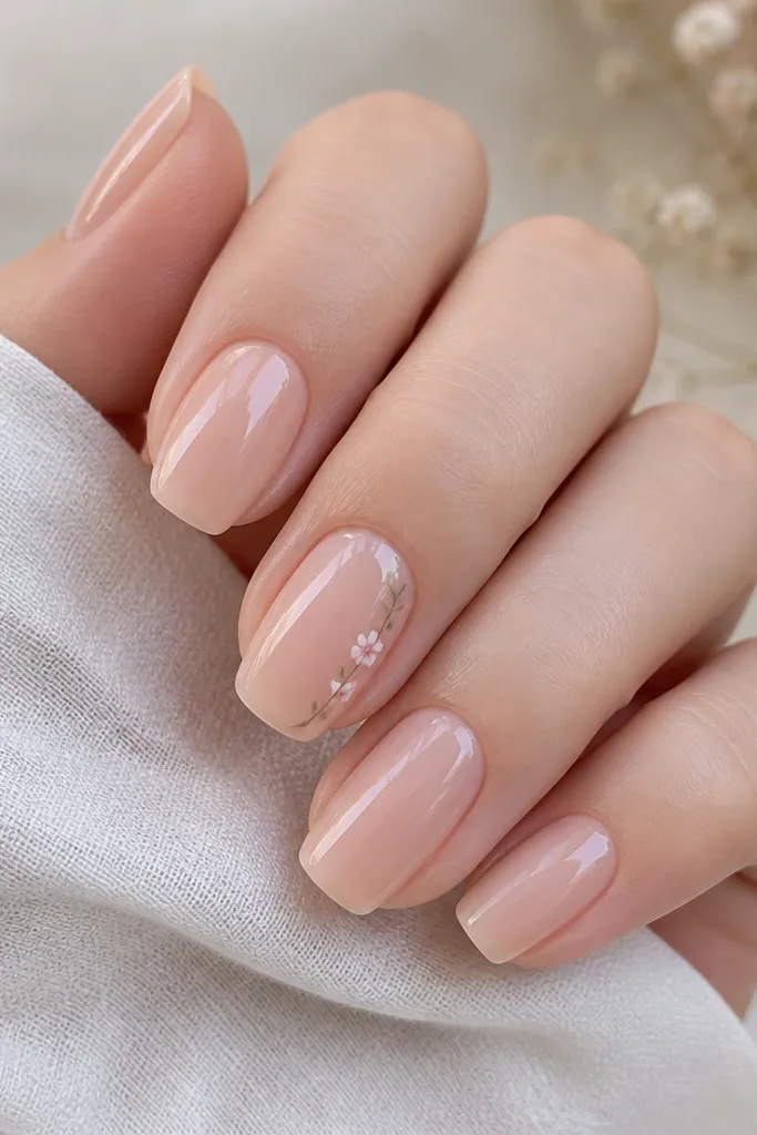Four nails are sheer nude gloss. One accent nail has a thin, diagonal vine starting near the cuticle and ending near the side of the tip, with tiny white and blush-pink flowers and two green leaves. The vine is delicate and not crowded.