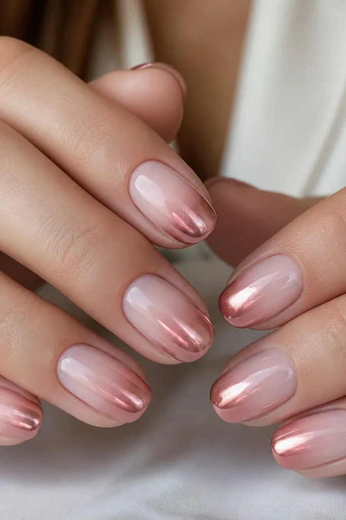 Short oval nails with a sheer pink base. The tips are brushed with rose chrome powder, creating a soft mirror effect that fades toward the center. Everything is glossy, with a smooth ombré chrome gradient.