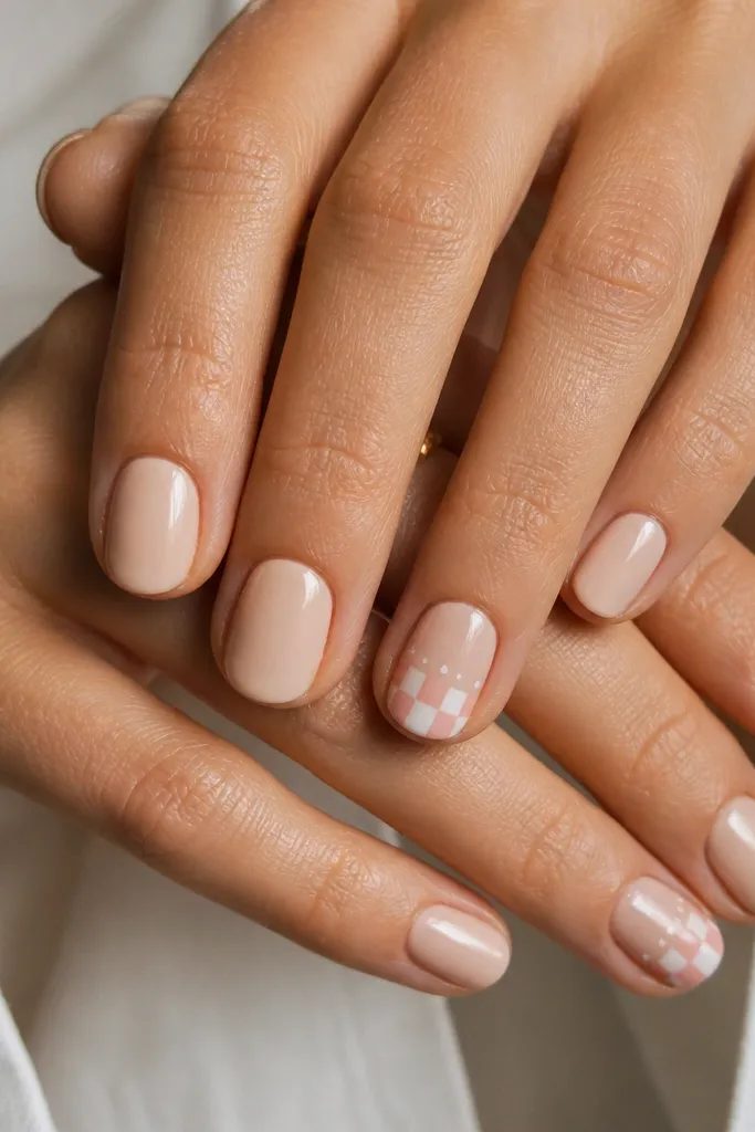Short oval nails in a creamy nude base. Two nails have a tiny checkerboard pattern near the tip - small square blocks in white and pale pink. The checkerboard is paired with a few micro white dots scattered above it.