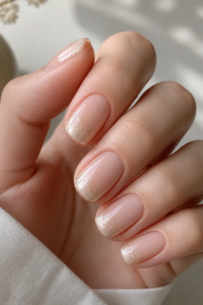 Short oval nails with a sheer nude base. The tips have a clear "smile line" border, and inside the border is a barely-there shimmer in champagne. The shimmer fades toward the base in a smooth curve.