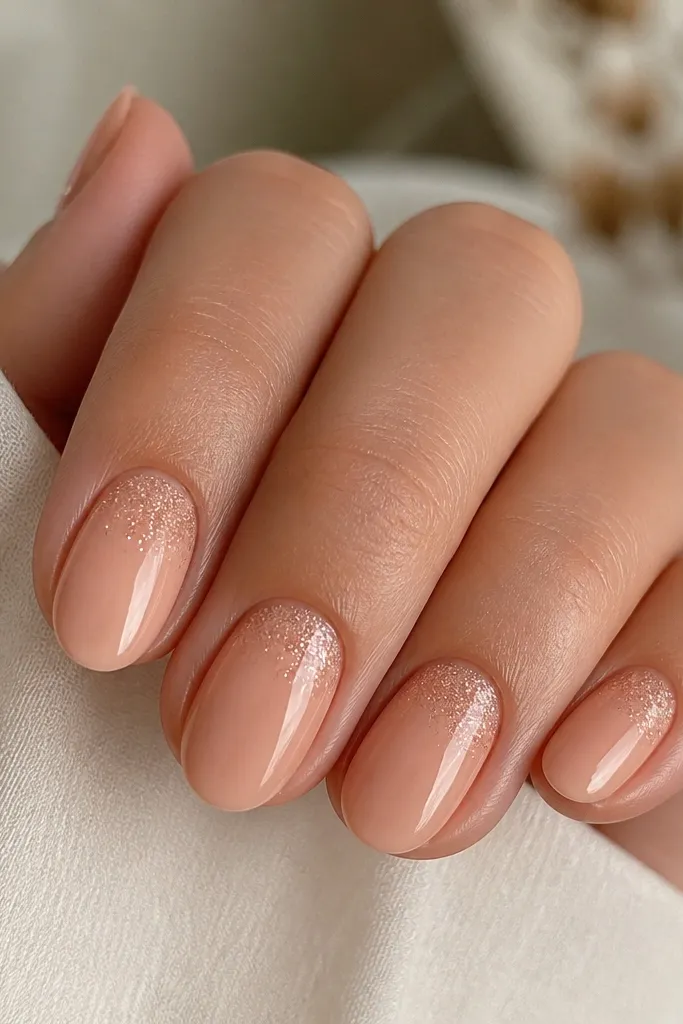 Short oval nails with a peachy nude base. Near the cuticle there's a soft shimmer that fades out as it moves toward the center, leaving the rest matte-gloss glossy. The shimmer forms a gentle gradient halo at the top.