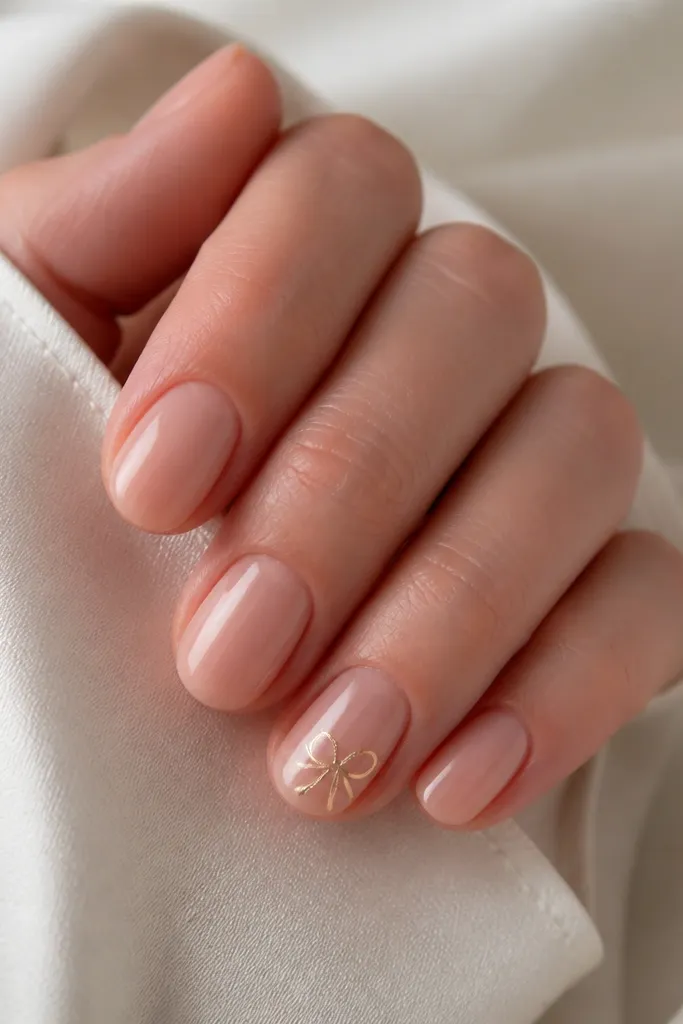 Short oval nails in sheer nude. One nail has a thin gold line art bow placed near the outer sidewall, with two small loops and a tiny center knot. The gold lines are crisp and glossy.