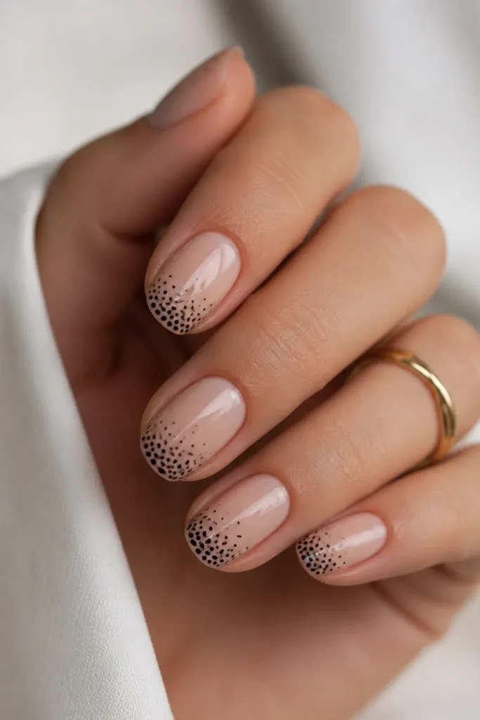 Short oval nails with a nude base. At the tip there's a dense cluster of tiny black dots, and the dot density fades toward the middle, creating a stippled ombré. The dots are glossy and evenly spaced.