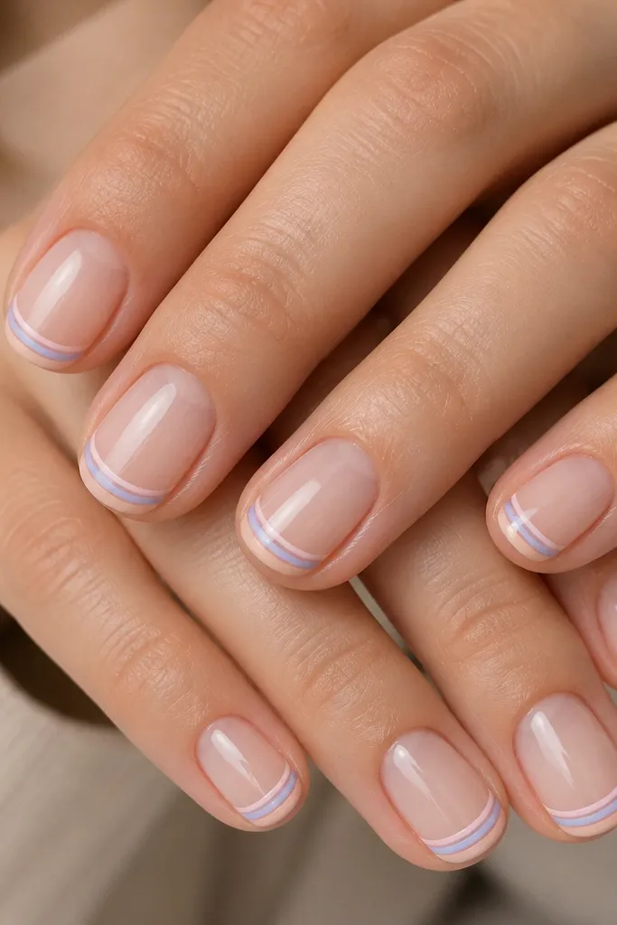 Short oval nails in a sheer nude base. The tips have three ultra-thin pastel stripes layered close together: baby blue, pale lilac, and soft peach. The stripes are separated by tiny gaps so each color stays distinct.