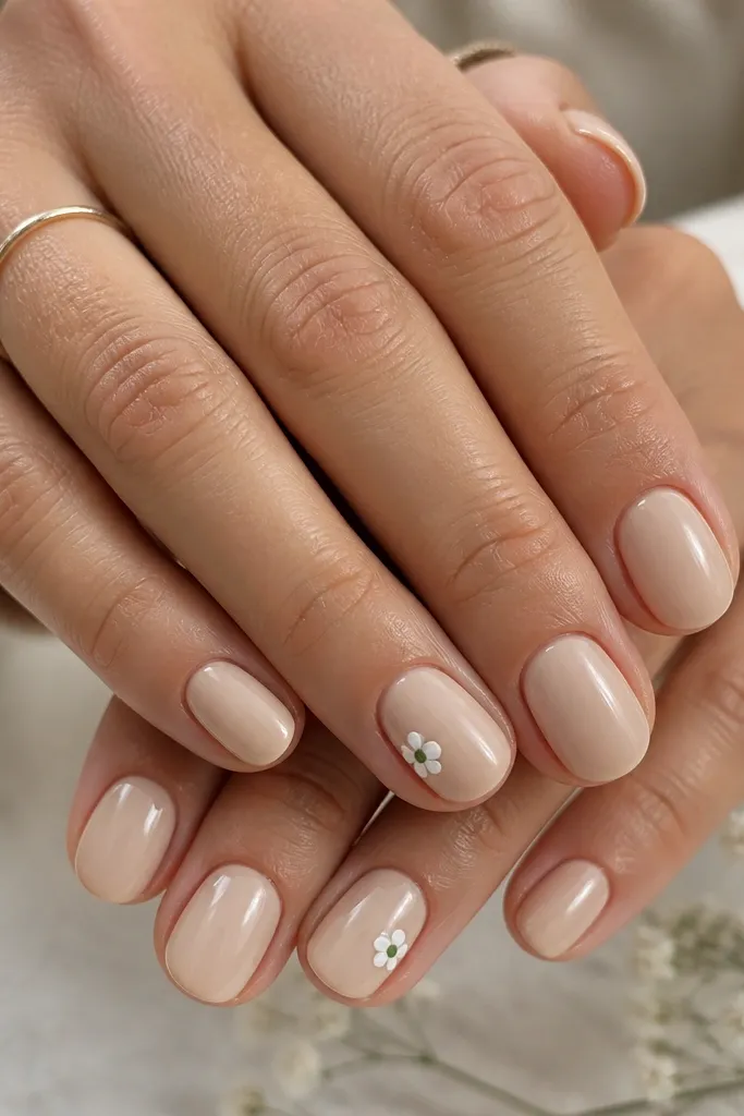 Short oval nails in creamy nude. On two accent nails, there's a tiny five-petal flower near the outer sidewall, with white petals and a small green dot in the center. The rest of the nails are plain and glossy.