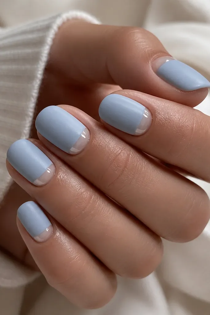 Short oval nails in a powder blue matte base with a glossy clear jelly swipe running along the cuticle line on every nail; the swipe looks thick and glassy, with tiny light reflections and a clean rounded edge that stops before the sidewalls.