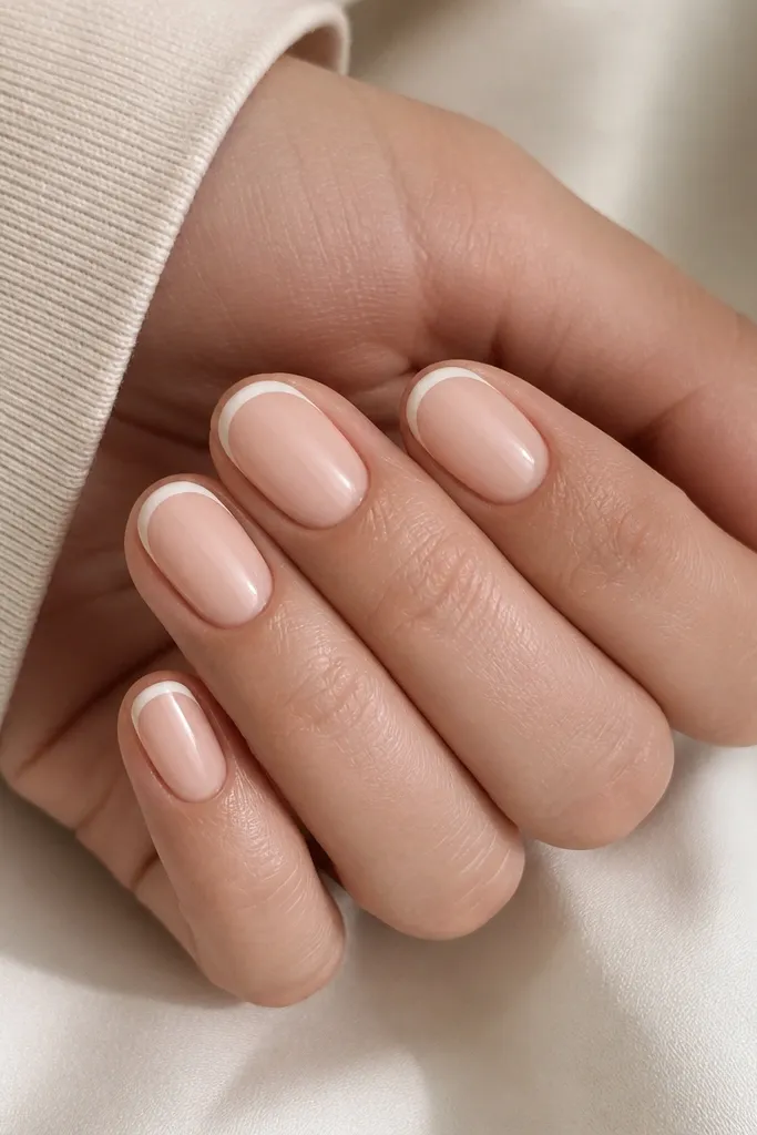 Short oval nails with a creamy beige nude base. The French tip is a very thin white line following the smile curve, with a tiny gap of nude between the line and the tip edge.