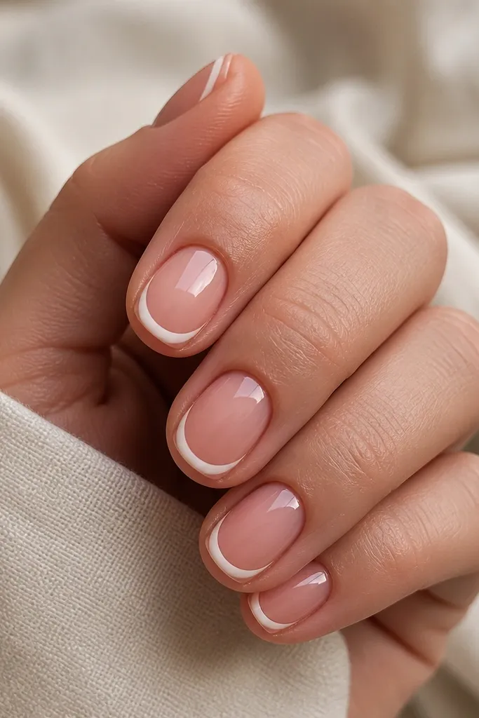 Short oval nails with a sheer pink base. The French tip is a clean white curve only at the very edge, while the middle of the tip area stays transparent, creating a half-moon negative space effect.