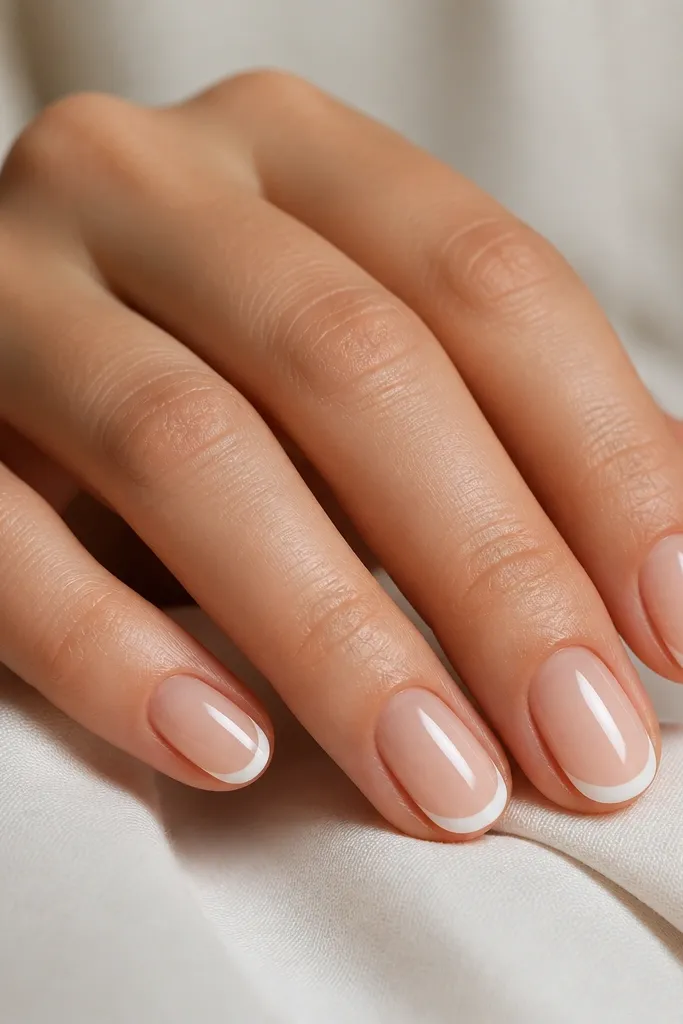 Short oval nails with a nude gradient that fades from deeper nude near the cuticle to lighter nude at the tip. The French tip has a traditional white arc with a glossy finish.