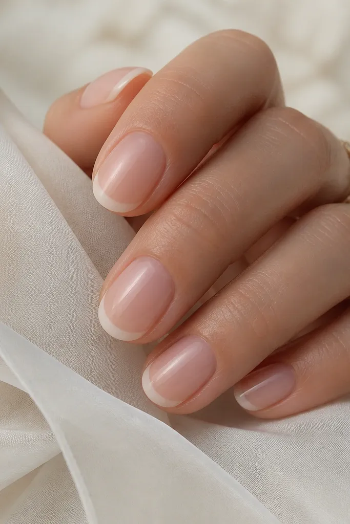 Short oval nails with a sheer nude base. The French tips are white but translucent, like milky glass, with a soft edge blur that still follows the smile curve.