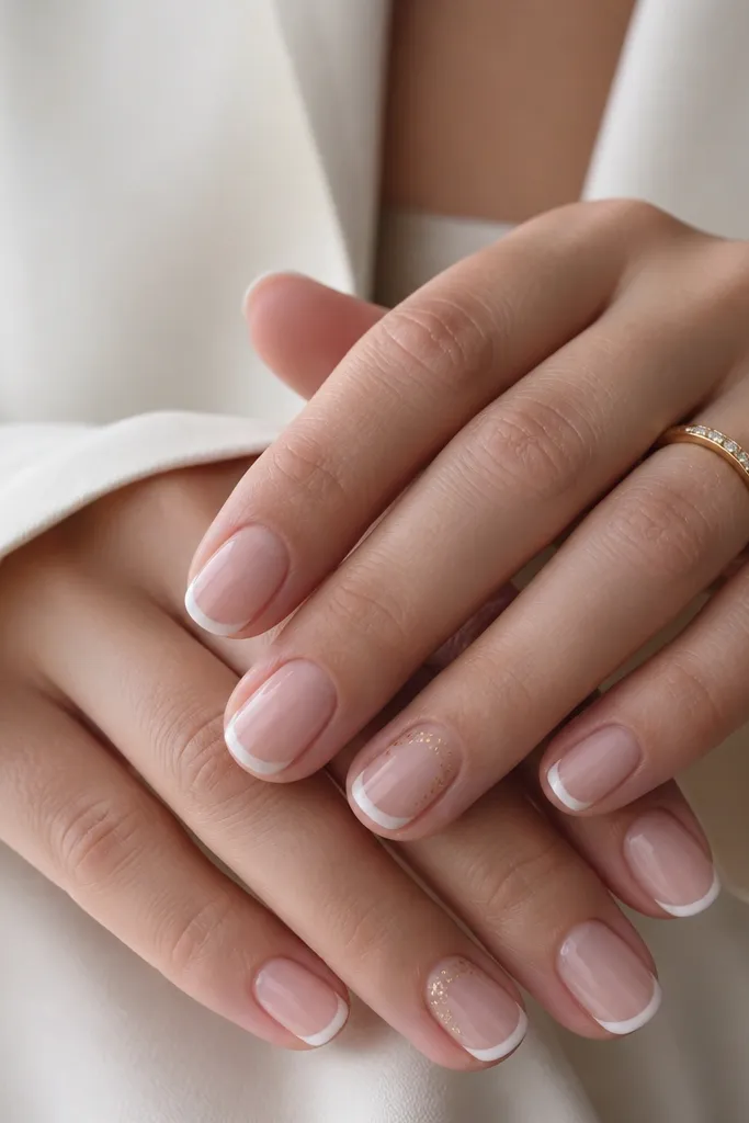 Short oval nails with a nude base and a thin white French line. Near the smile curve on two accent nails, there are tiny gold foil dots like confetti.