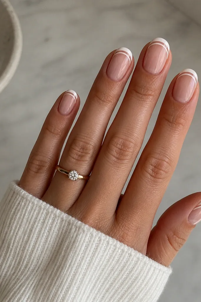 Short oval nails with a nude base. The French tip has two thin white lines - one at the very edge and a second line slightly inwards, with a narrow nude strip between them.