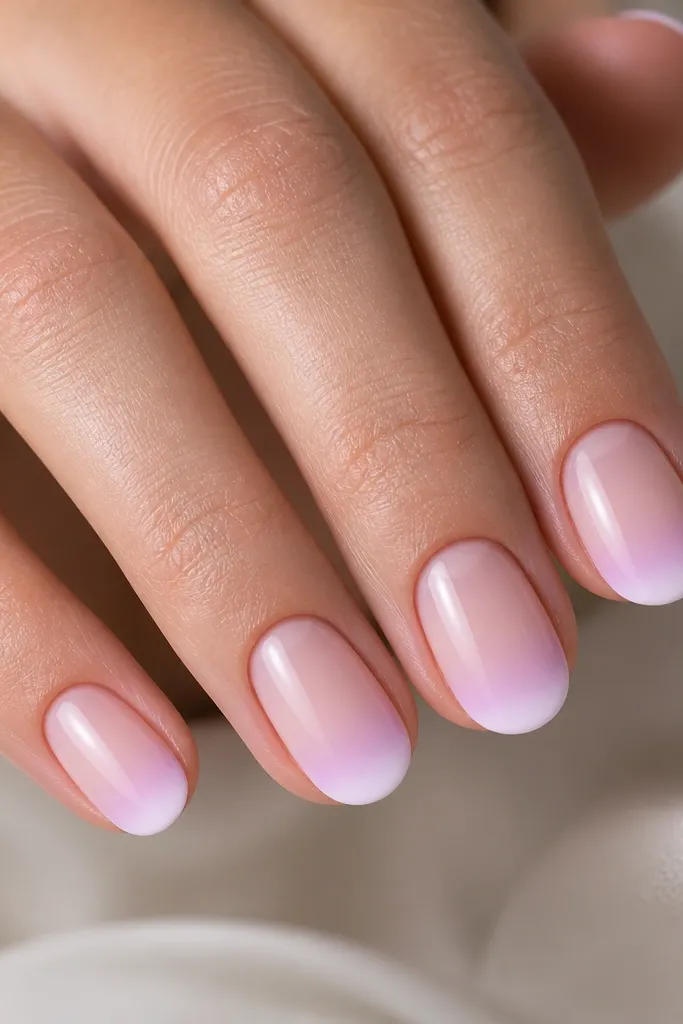 Short oval nails with a sheer nude base. The French tip fades from white at the very edge into a pastel pastel pink-lavender ombre just above it.