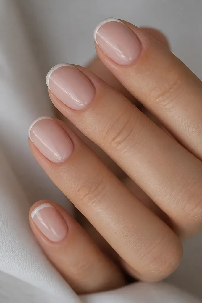 Short oval nails with a nude base and a very thin white French line. Around the white line there is a slightly thicker clear glossy border that makes the white look raised.