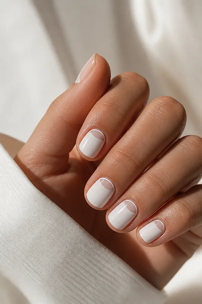 Short oval nails with a mostly white lower base near the cuticle line, while the tip area stays nude. A thin white line sits where the cuticle meets the nail, creating a reverse French look.