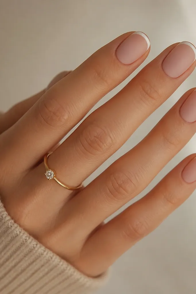 Short oval nails with a matte nude base. The French tip is a thin glossy white line, creating a clear contrast between matte base and shiny tip.