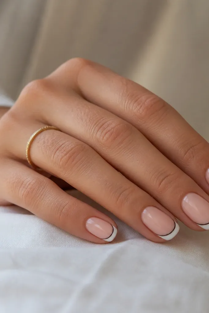Short oval nails with a nude base. The French tip is white, and a very thin black outline traces the smile curve on the very edge.