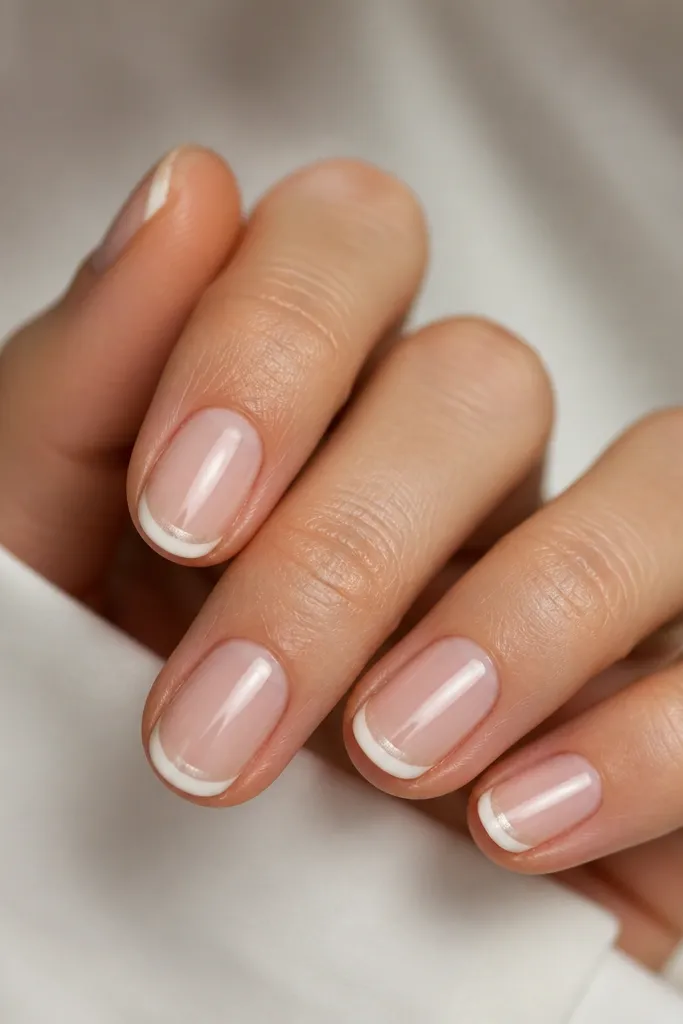 Short oval nails with a nude base that has a soft pearl sheen. The French tip is white with a pearl-like nude cap just under the white line.