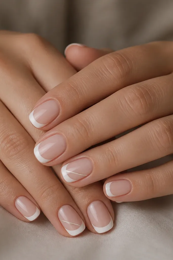 Short oval nails with a classic white French tip on most nails. On one or two accent nails, there is a diagonal micro line in nude or white across the tip area near the center.
