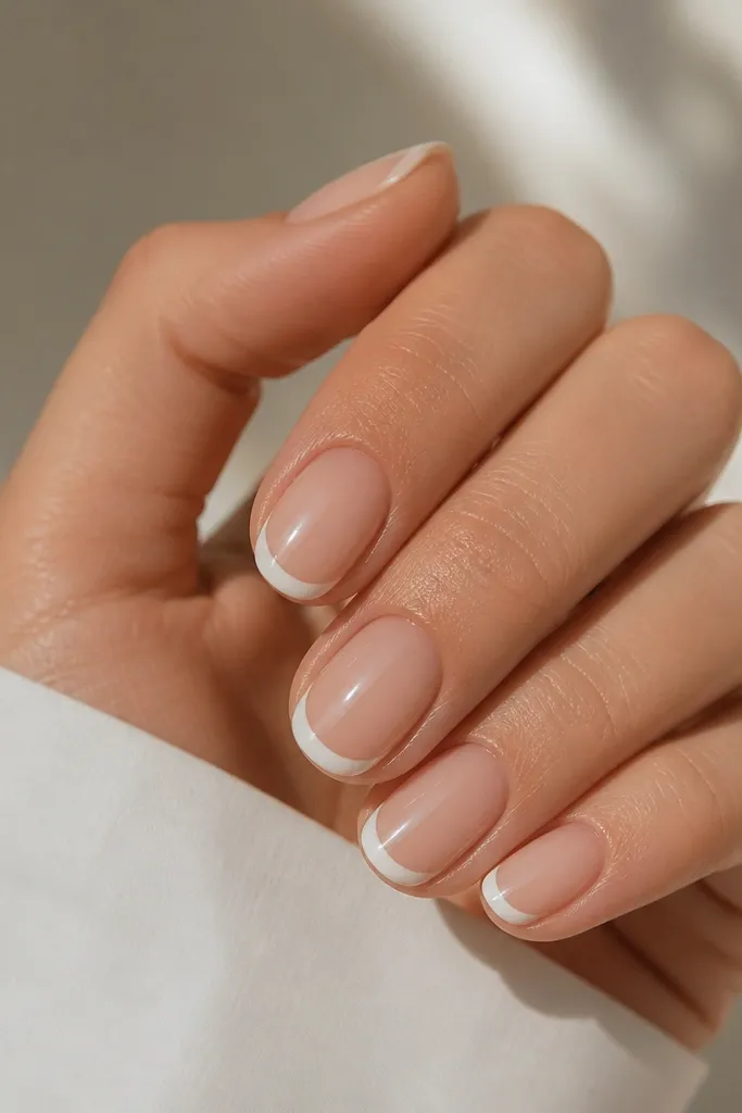 Short oval nails with a nude base. The white French tip is painted across the free edge but stops just short of both side corners, leaving tiny negative nude gaps at the corners.