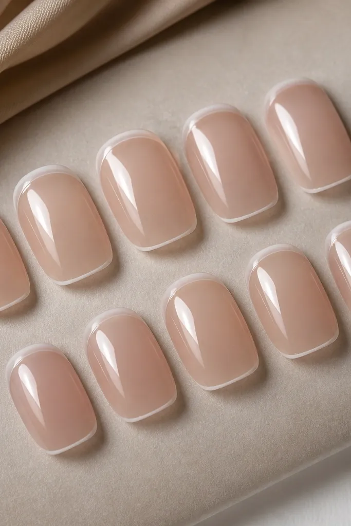 Set of short squoval press-on style nails with a translucent nude base, a razor-thin white micro French line at the tips, and a faint pearly halo around the cuticle. The nails look glossy like glass, with tiny light reflections at the center.