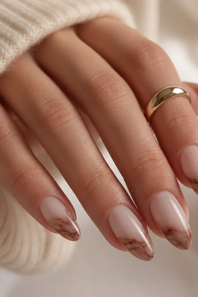 Medium almond nails in a milky iced mocha base. The tips have thin, smoky cocoa marble veining that looks like chocolate swirls on a frosted background. Finish is glossy with soft, even reflections.