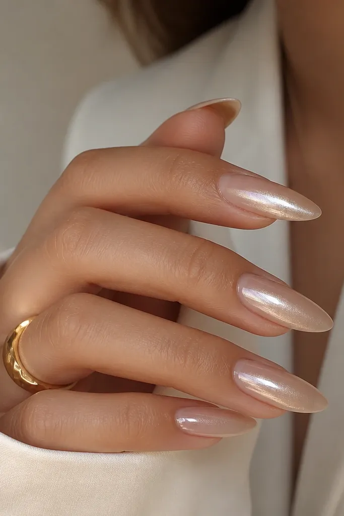 Long almond nails with a nude sheer base. A champagne chrome overlay appears as a soft gradient across the middle and tip, with a pearl-like sheen. The cuticle stays nude, creating a clean line.