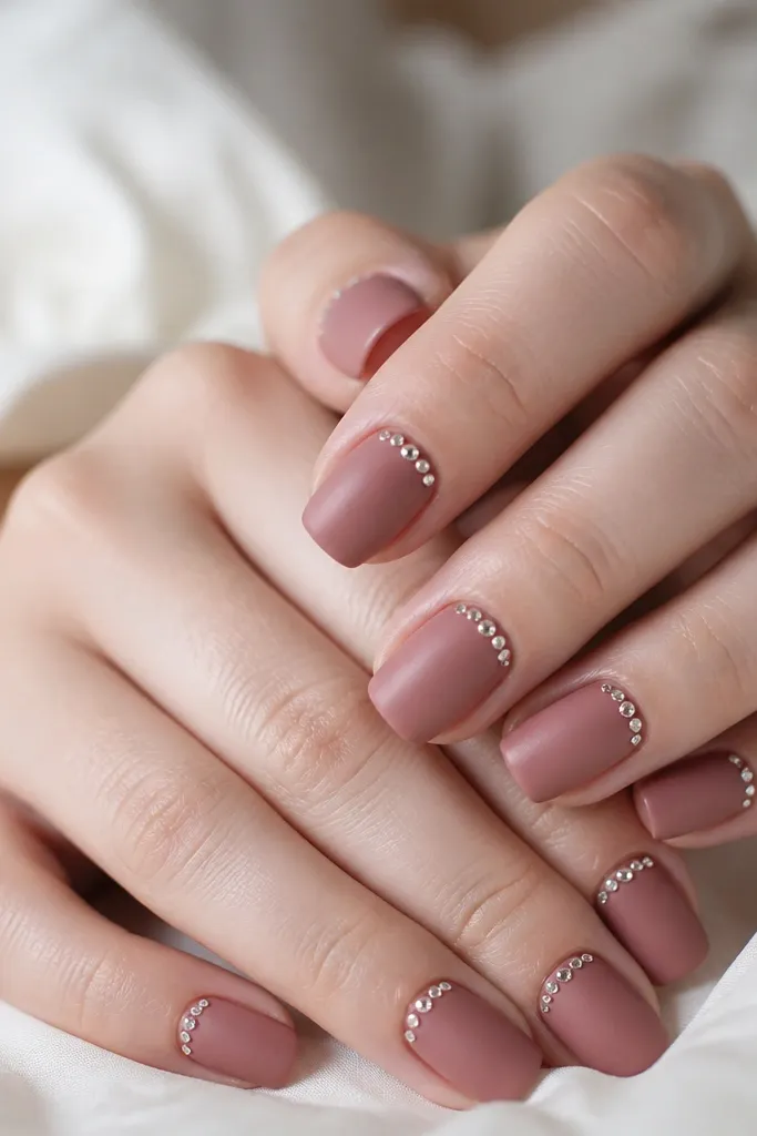Short squoval nails in a muted satin rose tone. The finish is matte, and a small crescent of micro rhinestones sits at the cuticle on each nail. The stones are spaced evenly and catch light subtly.