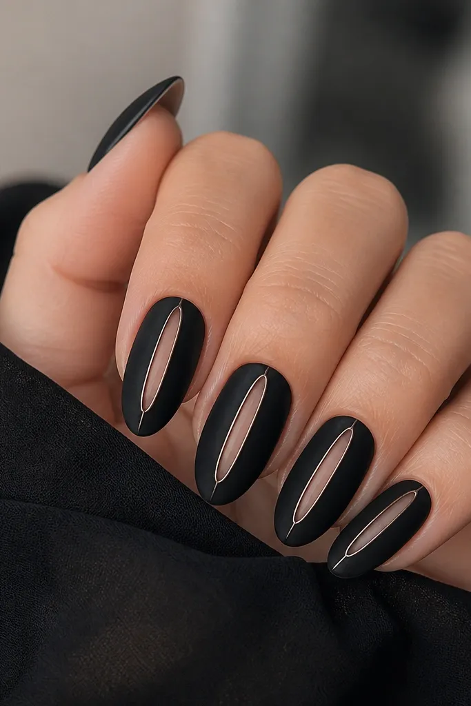 Medium almond nails with a deep black base that looks velvety (soft, not glossy). Each nail has a vertical negative space window near the center, and two thin silver lines run along the side edges of the window. The cuticle is clean and the design is symmetrical.