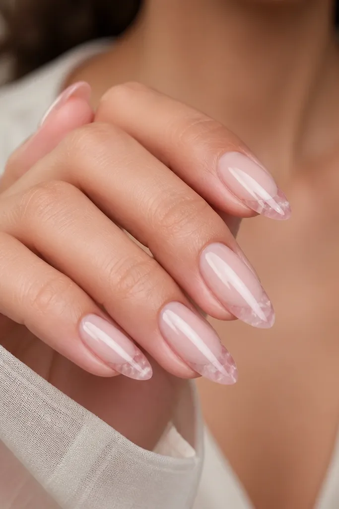 Medium almond nails with a sheer nude base. The tips are clear jelly, and inside the jelly are faint rose quartz-like veins in pink and blush tones. The jelly looks dimensional and glossy.